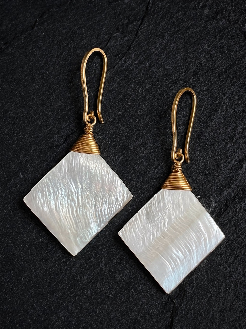 Artisan Wire Wrapped Gold & White Iridescent Mother-of-Pearl Diamond  Earrings
